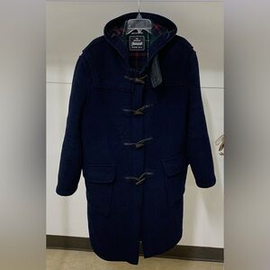 Men’s 44 XL Vtg Gloverall Navy Wool Blend Hooded Tartan Plaid Lined Duffle Coat